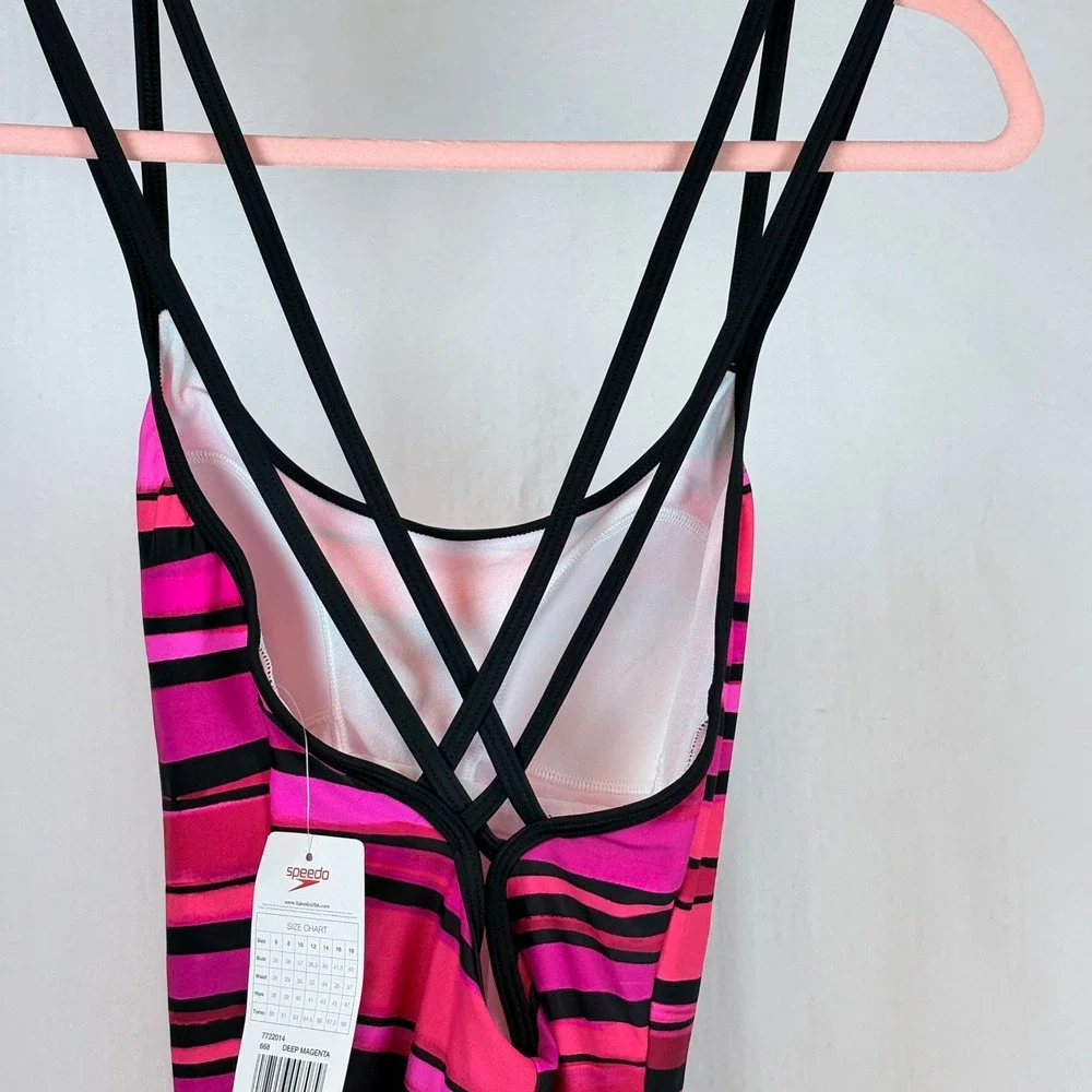 Speedo Women One Piece Swimsuit Hot Pink Magenta Striped Double Strap  Sz 8 $88